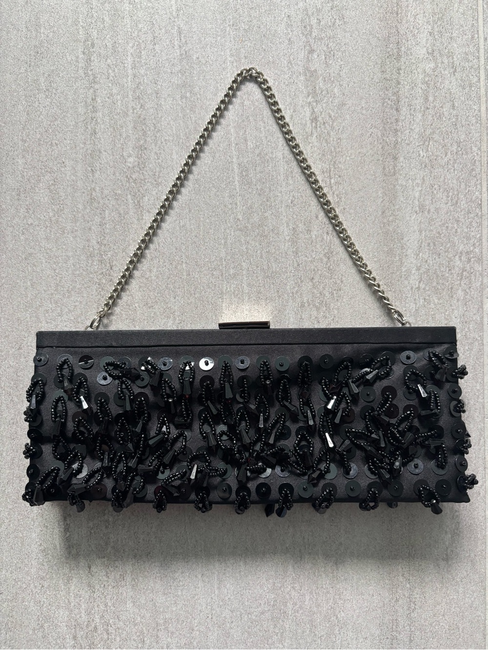 Banana Republic Black Satin Beaded Clutch with Silver Chain - Picture 8 of 8